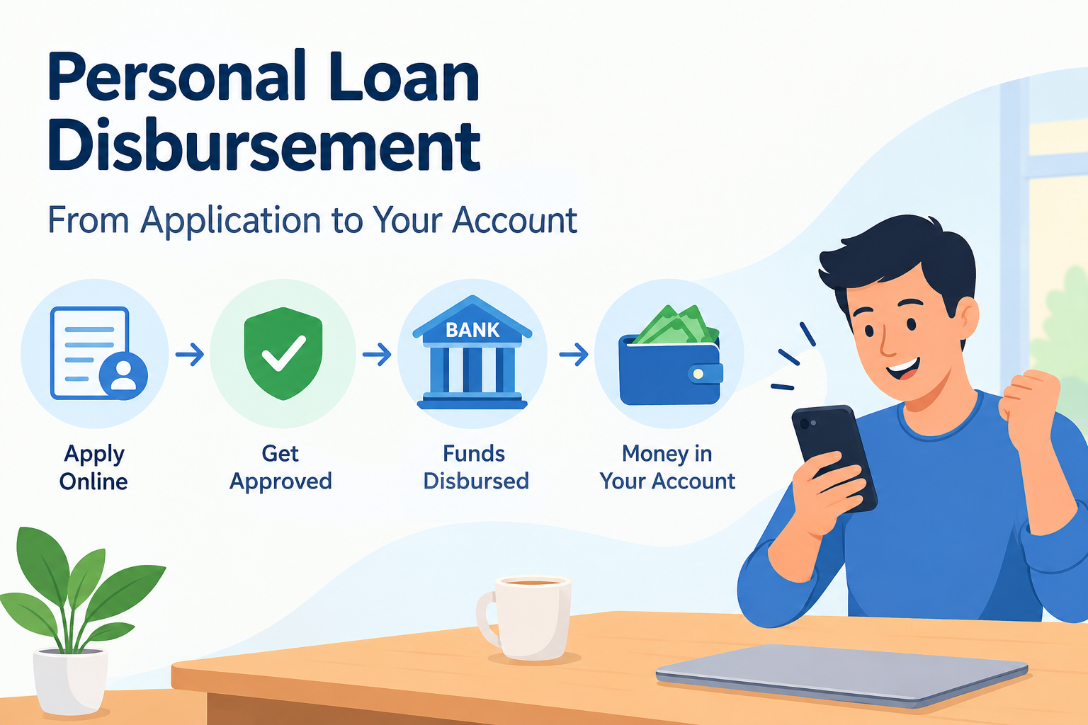Personal loan disbursement process illustrated with four steps: applying online, loan approval, fund disbursement, and money credited to the borrower's bank account